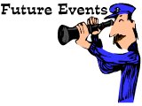 Man looking through telescope at `Future Events`